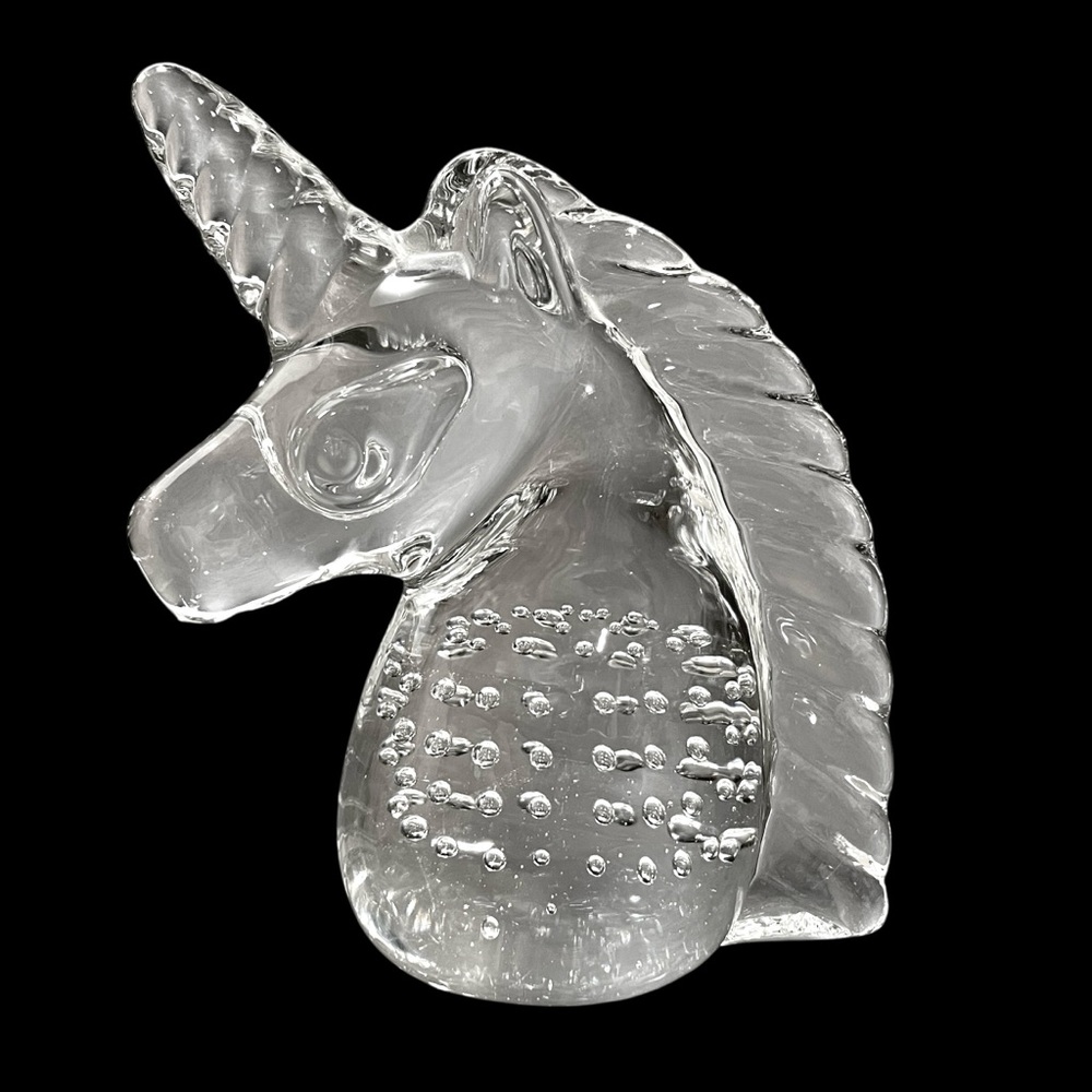 Vintage 1980s Art Glass Unicorn Paperweight Clear Hand Blown Controlled Bubbles